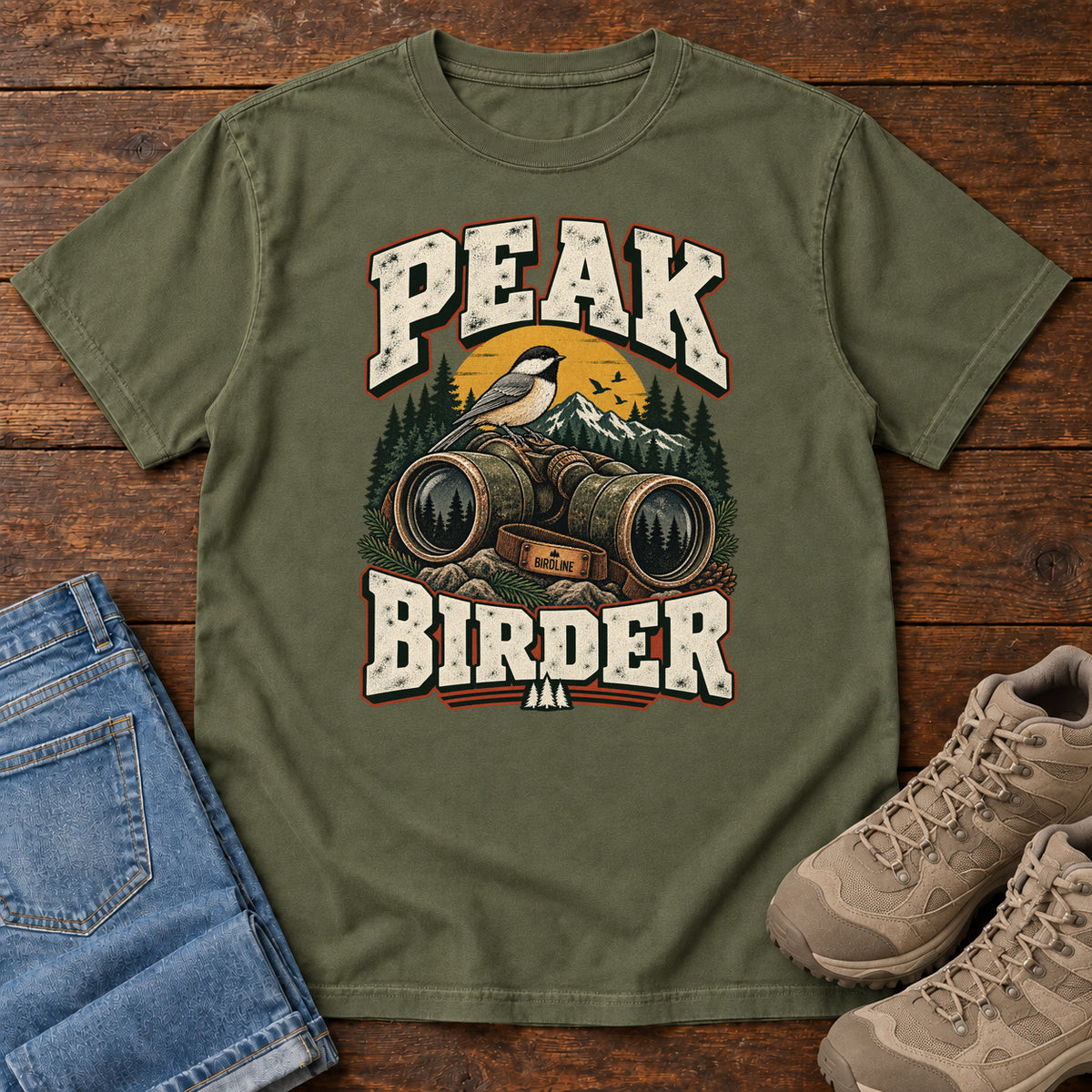 Hemp Peak Birder T-Shirt with a small black-capped bird on binoculars, with mountains and distressed cream lettering, front flat lay on wood.