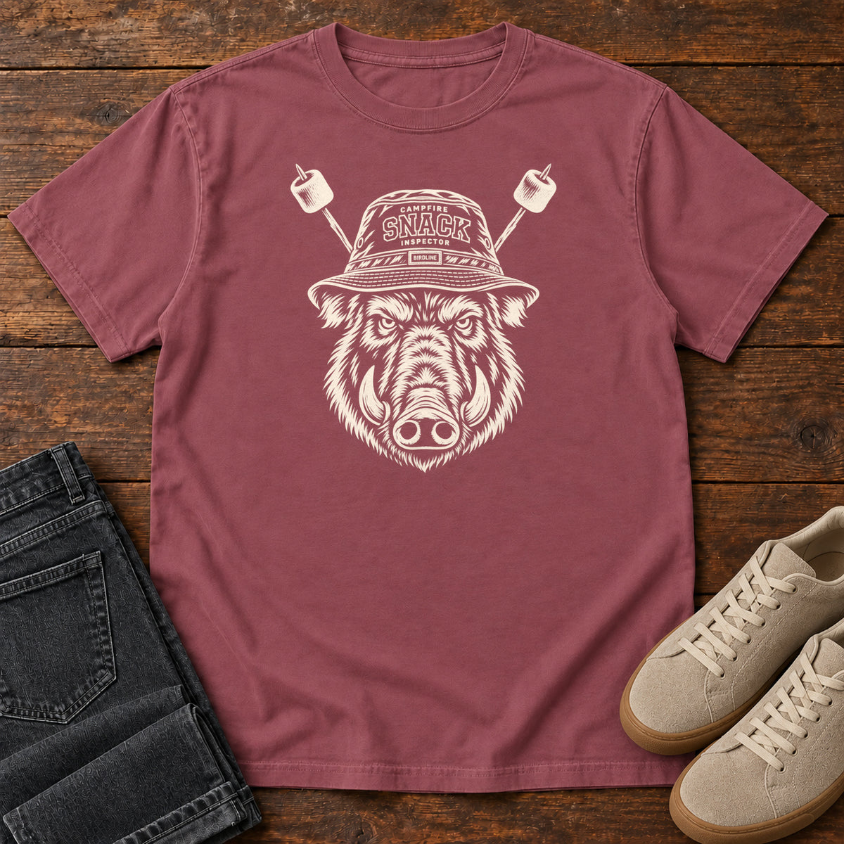 Snack Patrol Boar T-Shirt in Brick, front laid flat on wood, featuring a cream boar head wearing a bucket hat, with two marshmallow skewers behind it.