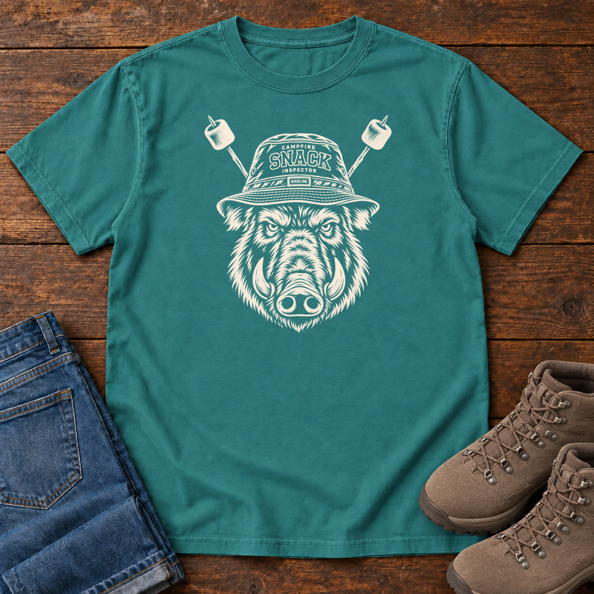Snack Patrol Boar T-Shirt in Emerald, front laid flat on wood, featuring a cream boar head wearing a bucket hat, with two marshmallow skewers behind it.