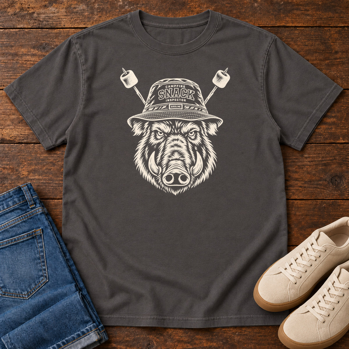 Snack Patrol Boar T-Shirt in Graphite, front laid flat on wood, featuring a cream boar head wearing a bucket hat, with two marshmallow skewers behind it.