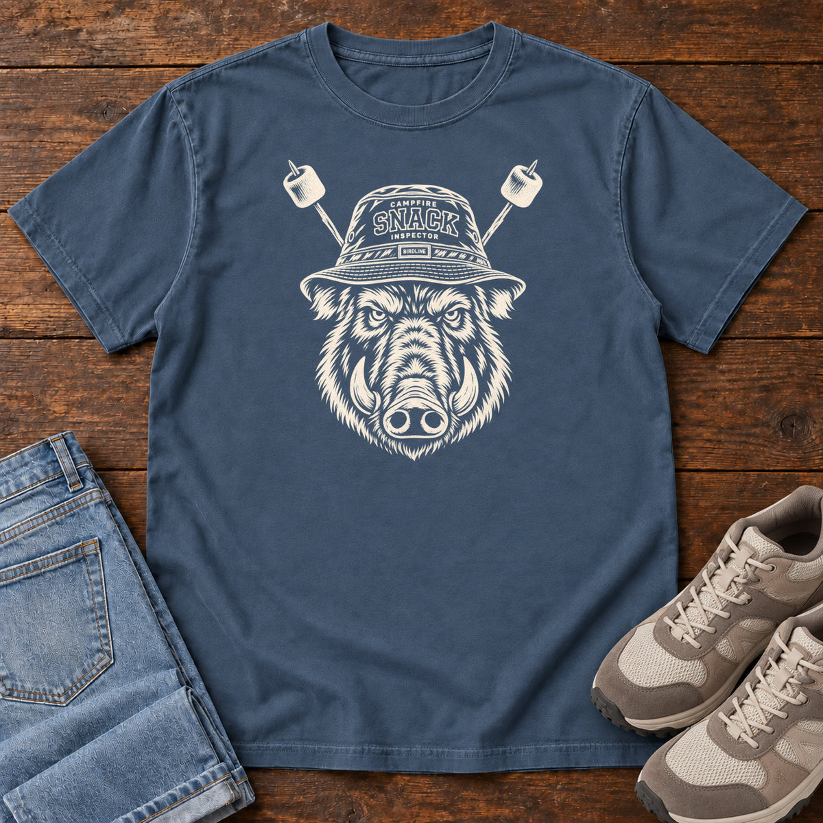 Snack Patrol Boar T-Shirt in Midnight, front laid flat on wood, featuring a cream boar head wearing a bucket hat, with two marshmallow skewers behind it.