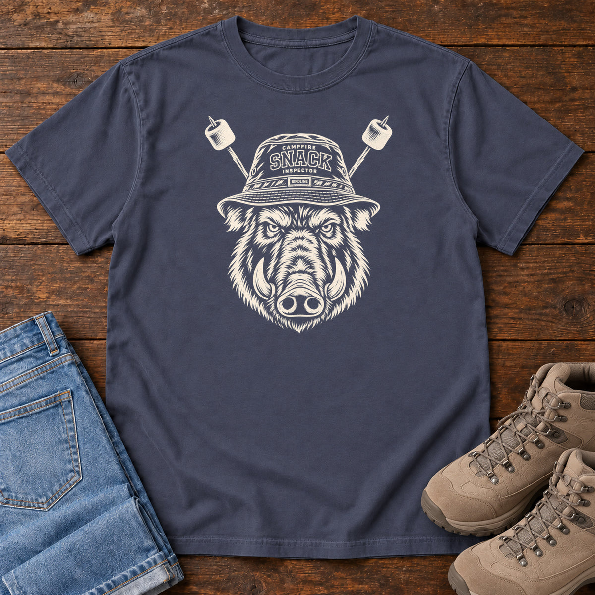 Snack Patrol Boar T-Shirt in Navy, front laid flat on wood, featuring a cream boar head wearing a bucket hat, with two marshmallow skewers behind it.