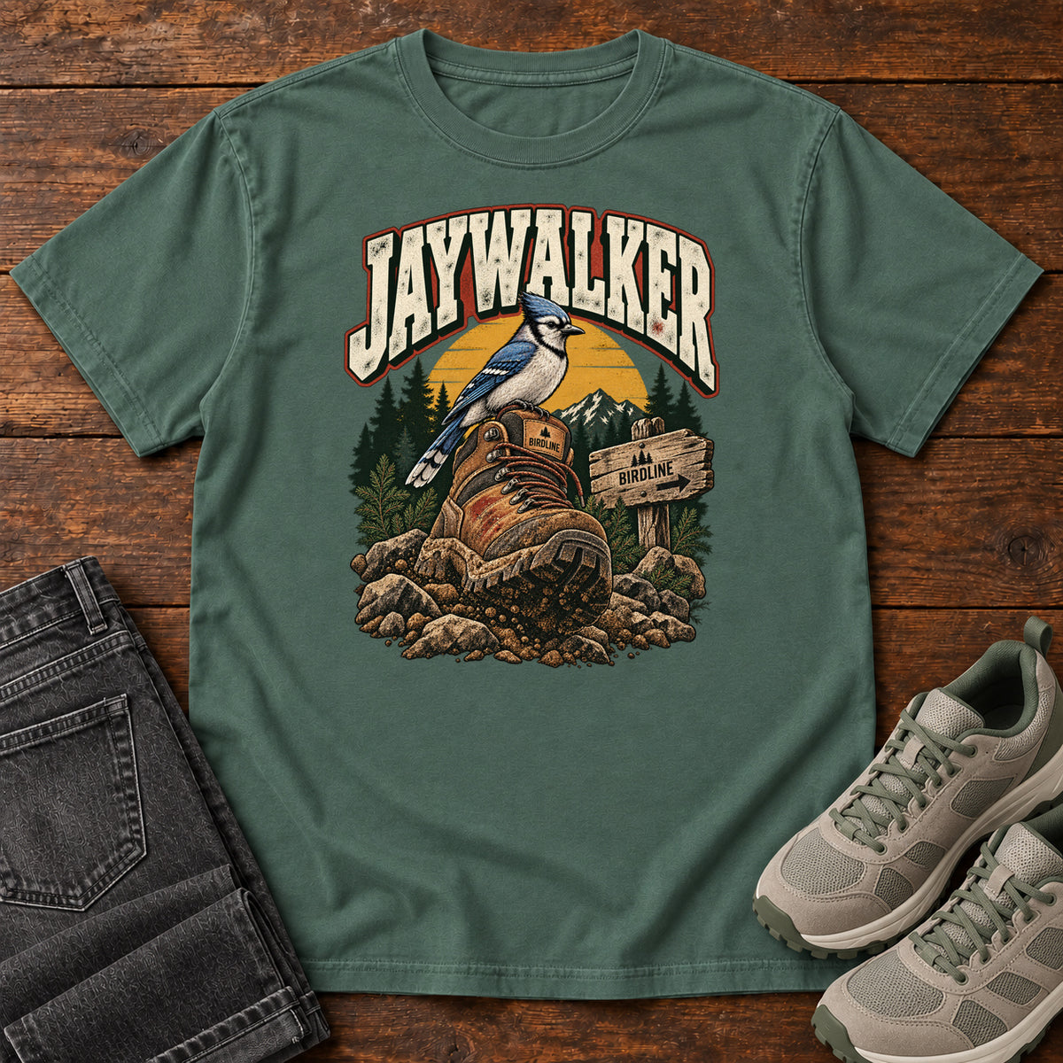 Blue Spruce Jaywalker T-Shirt with a blue-and-white bird on a hiking boot beside a trail sign, front flat lay on wood.