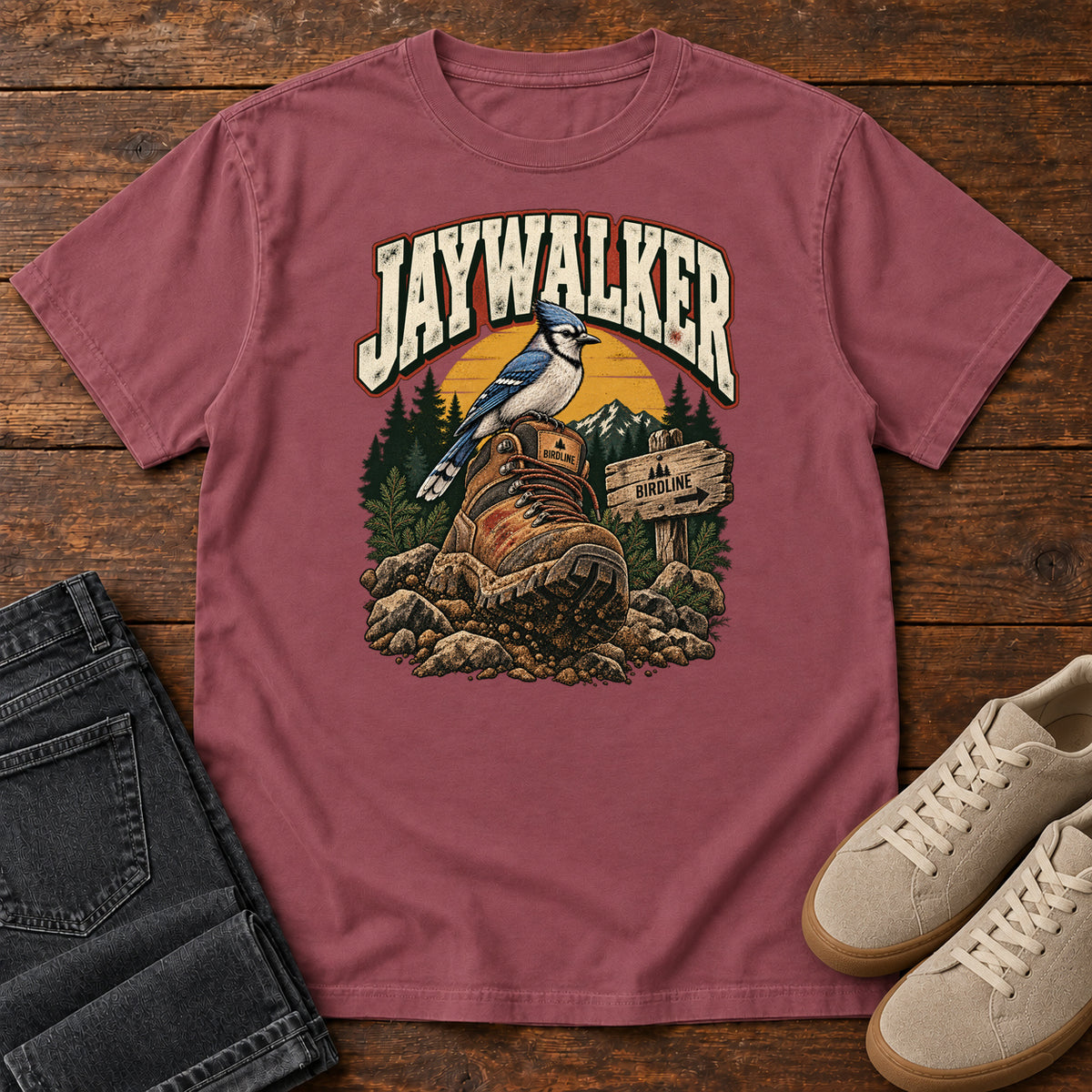 Brick Jaywalker T-Shirt with a blue-and-white bird on a hiking boot beside a trail sign, front flat lay on wood.
