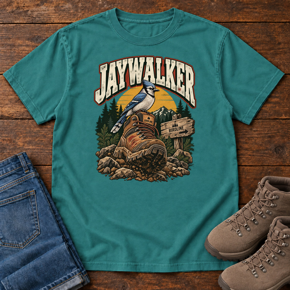 Emerald Jaywalker T-Shirt with a blue-and-white bird on a hiking boot beside a trail sign, front flat lay on wood.