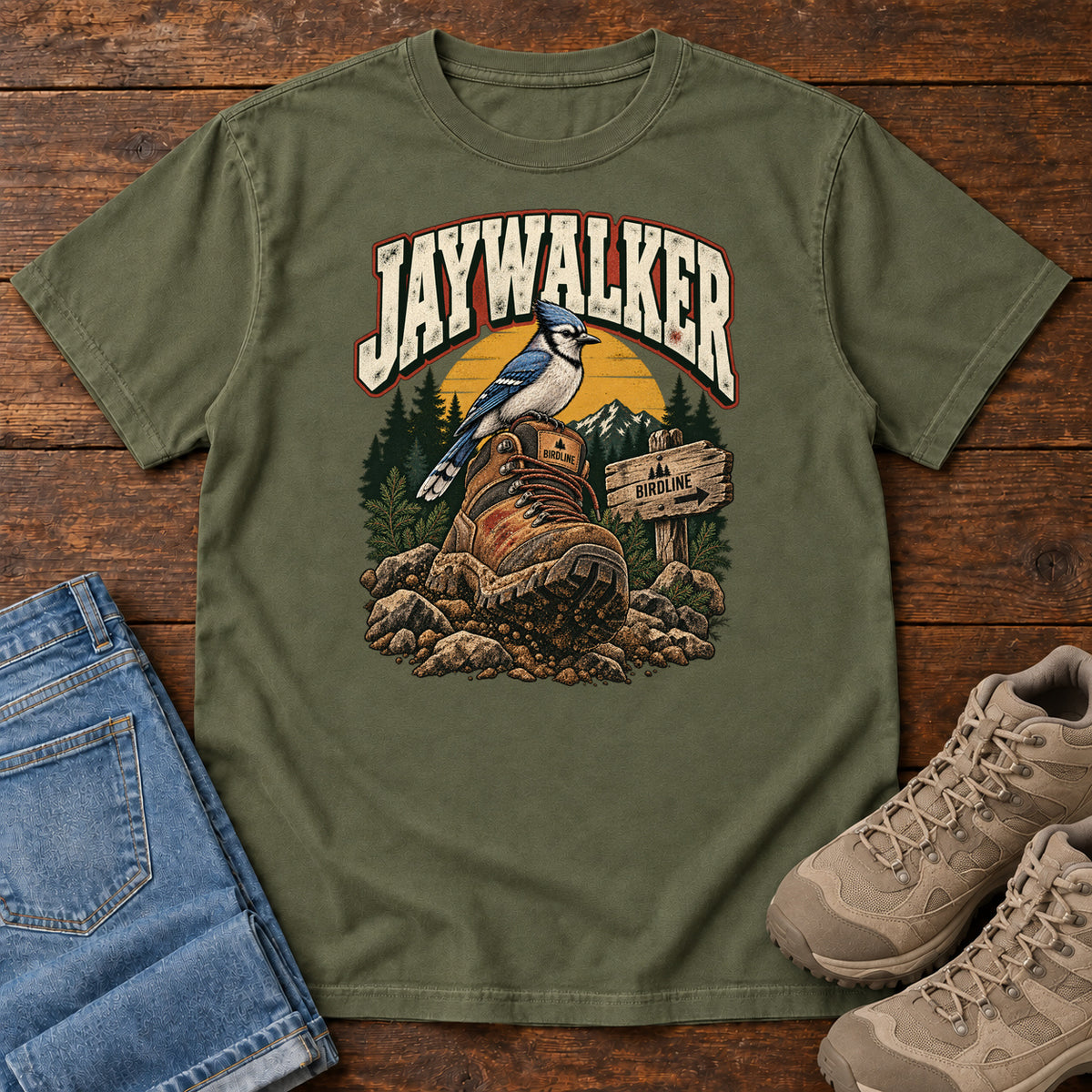 Hemp Jaywalker T-Shirt with a blue-and-white bird on a hiking boot beside a trail sign, front flat lay on wood.