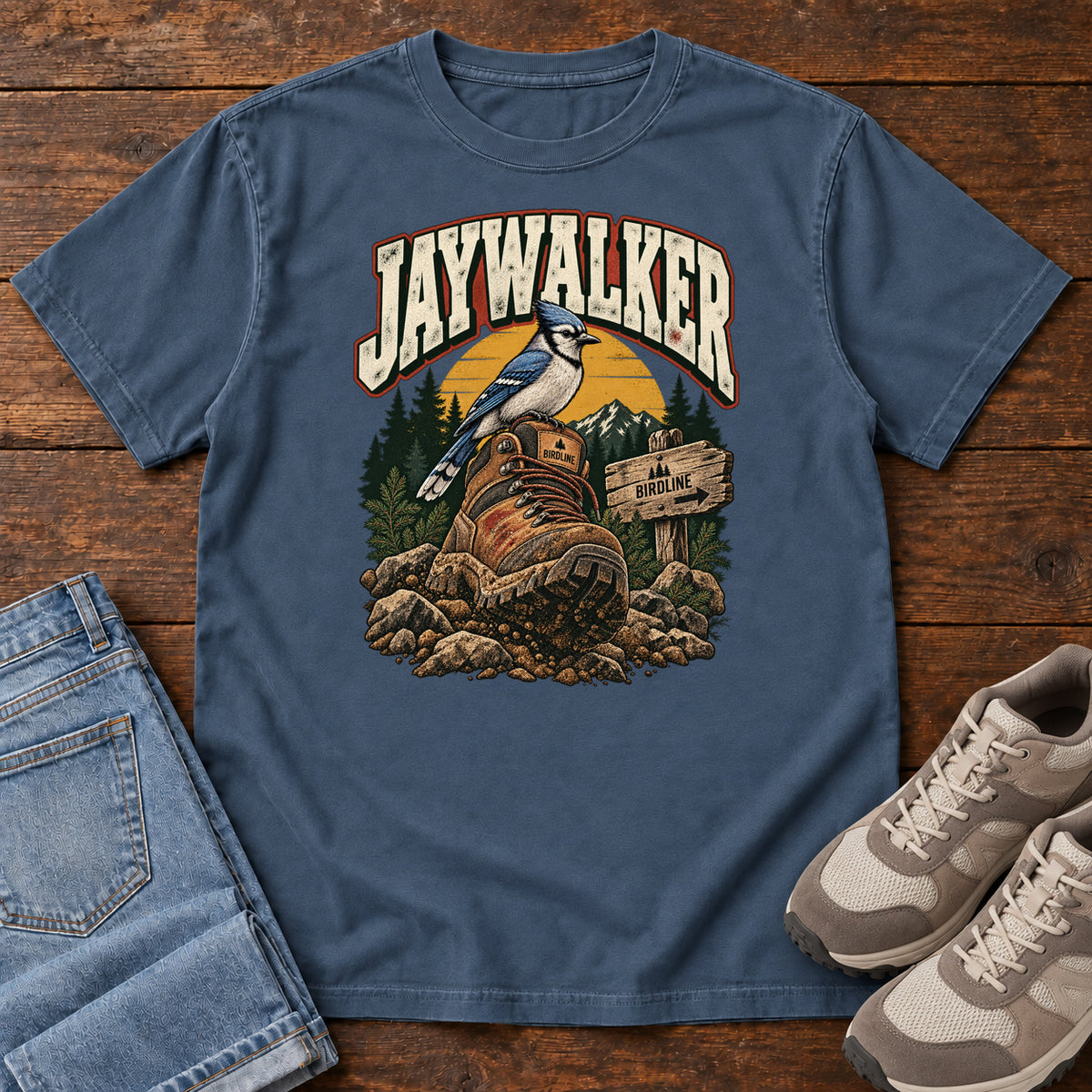Midnight Jaywalker T-Shirt with a blue-and-white bird on a hiking boot beside a trail sign, front flat lay on wood.