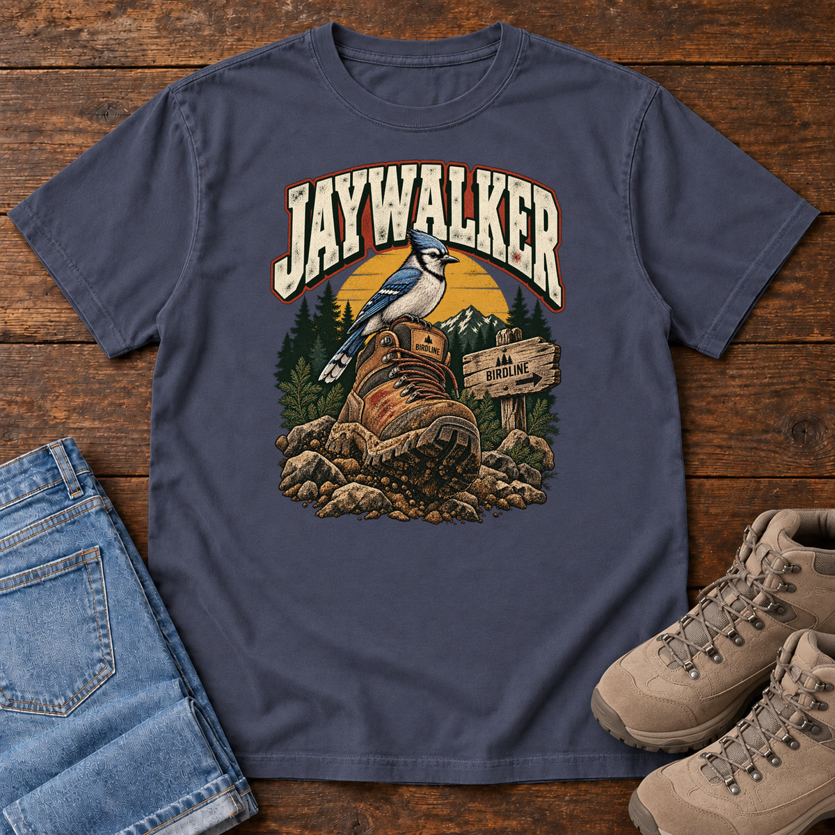 Navy Jaywalker T-Shirt with a blue-and-white bird on a hiking boot beside a trail sign, front flat lay on wood.