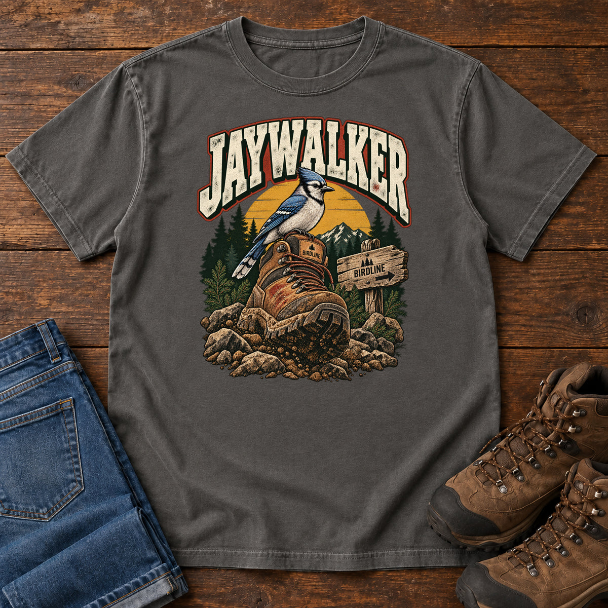 Pepper Jaywalker T-Shirt with a blue-and-white bird on a hiking boot beside a trail sign, front flat lay on wood.