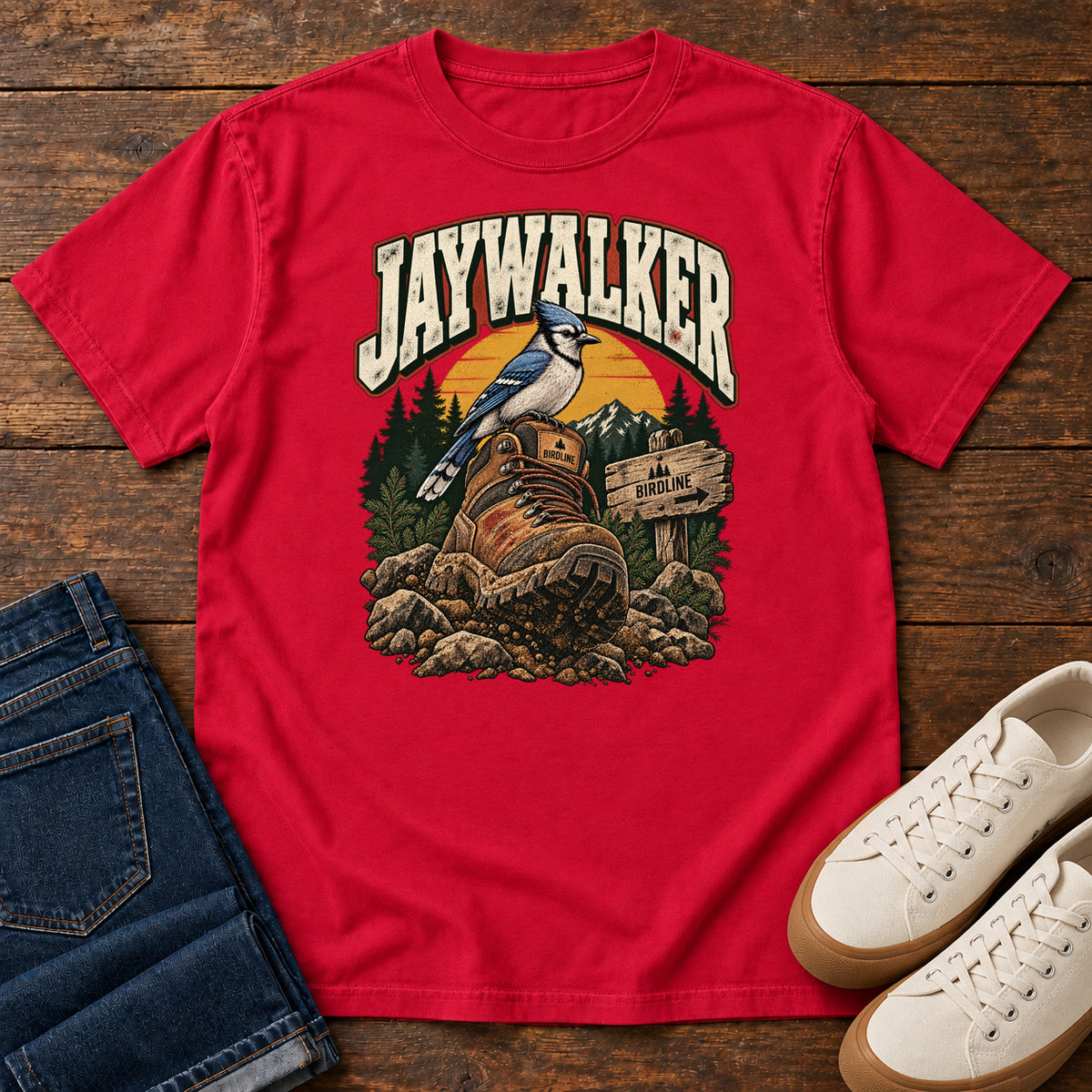 Red Jaywalker T-Shirt with a blue-and-white bird on a hiking boot beside a trail sign, front flat lay on wood.