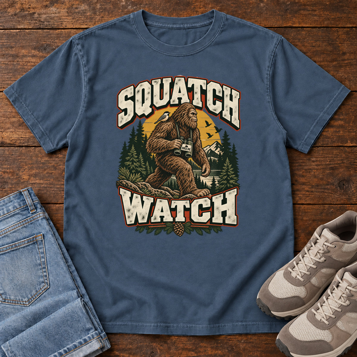 Squatch Watch T-Shirt in Midnight, front laid flat on wood, featuring a walking Sasquatch holding binoculars among pine trees, framed by large cream lettering.