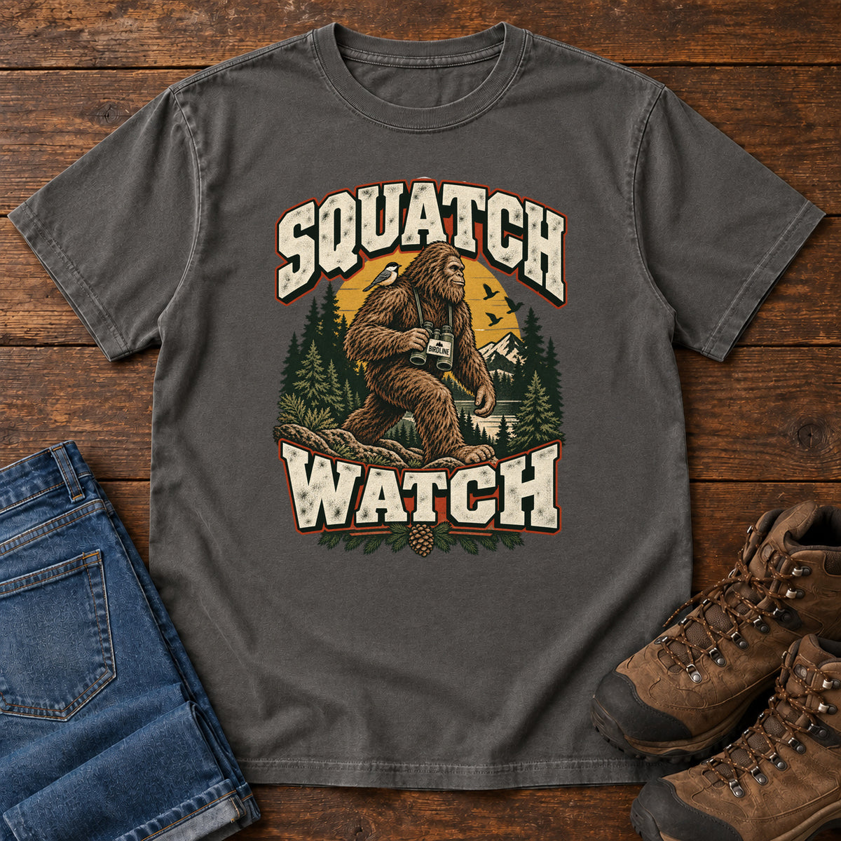 Squatch Watch T-Shirt in Pepper, front laid flat on wood, featuring a walking Sasquatch holding binoculars among pine trees, framed by large cream lettering.