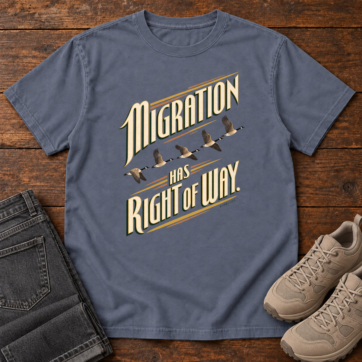 Migration Has Right of Way T-Shirt in Denim, right side