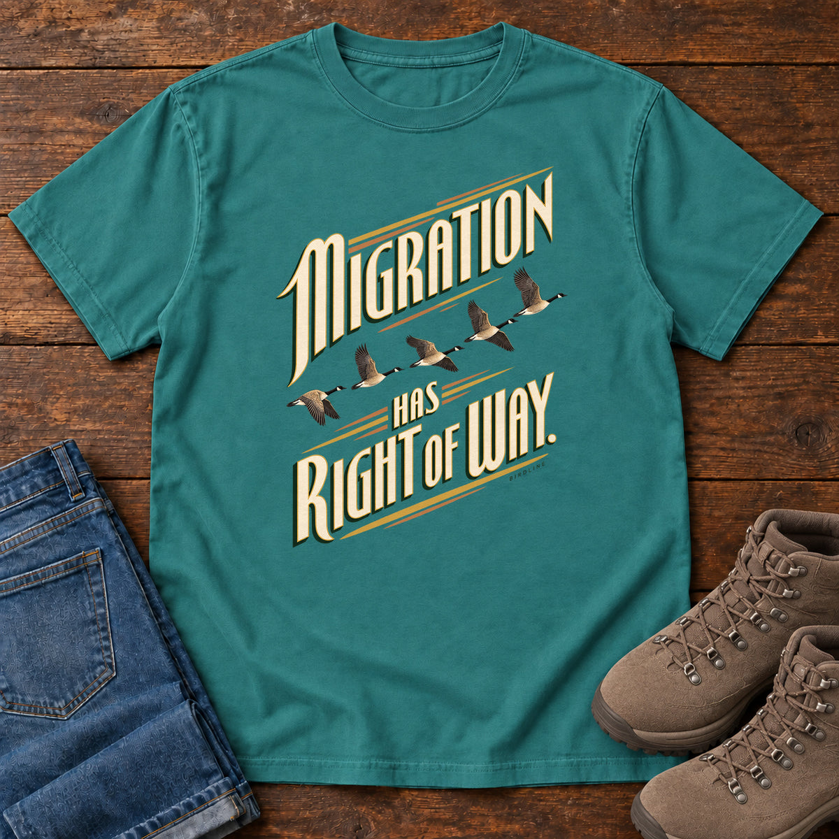 Migration Has Right of Way T-Shirt in Emerald, right side