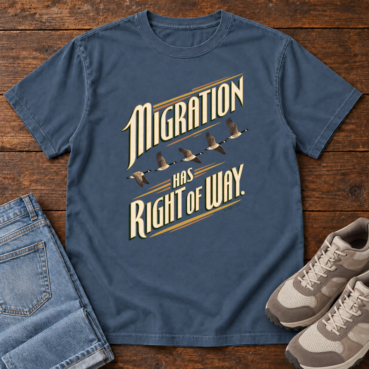 Migration Has Right of Way T-Shirt in Midnight, right side