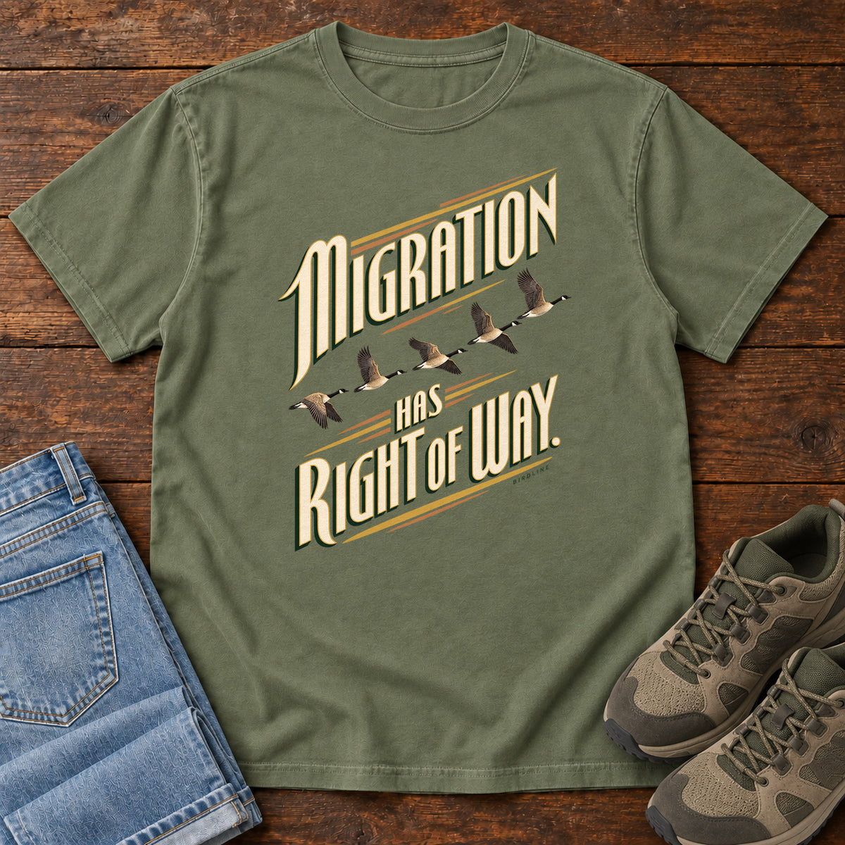 Migration Has Right of Way T-Shirt in Moss, right side