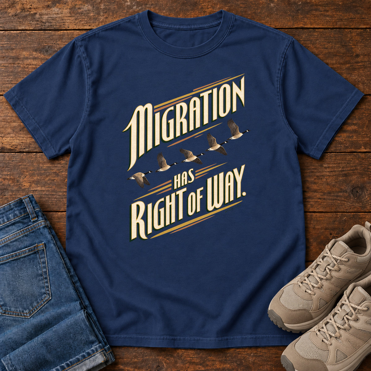 Migration Has Right of Way T-Shirt in True Navy, right side
