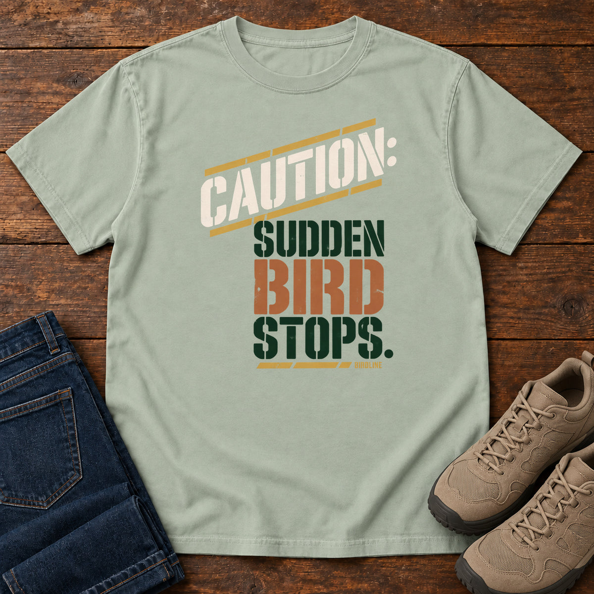 Caution Sudden Bird Stops T-Shirt in Bay