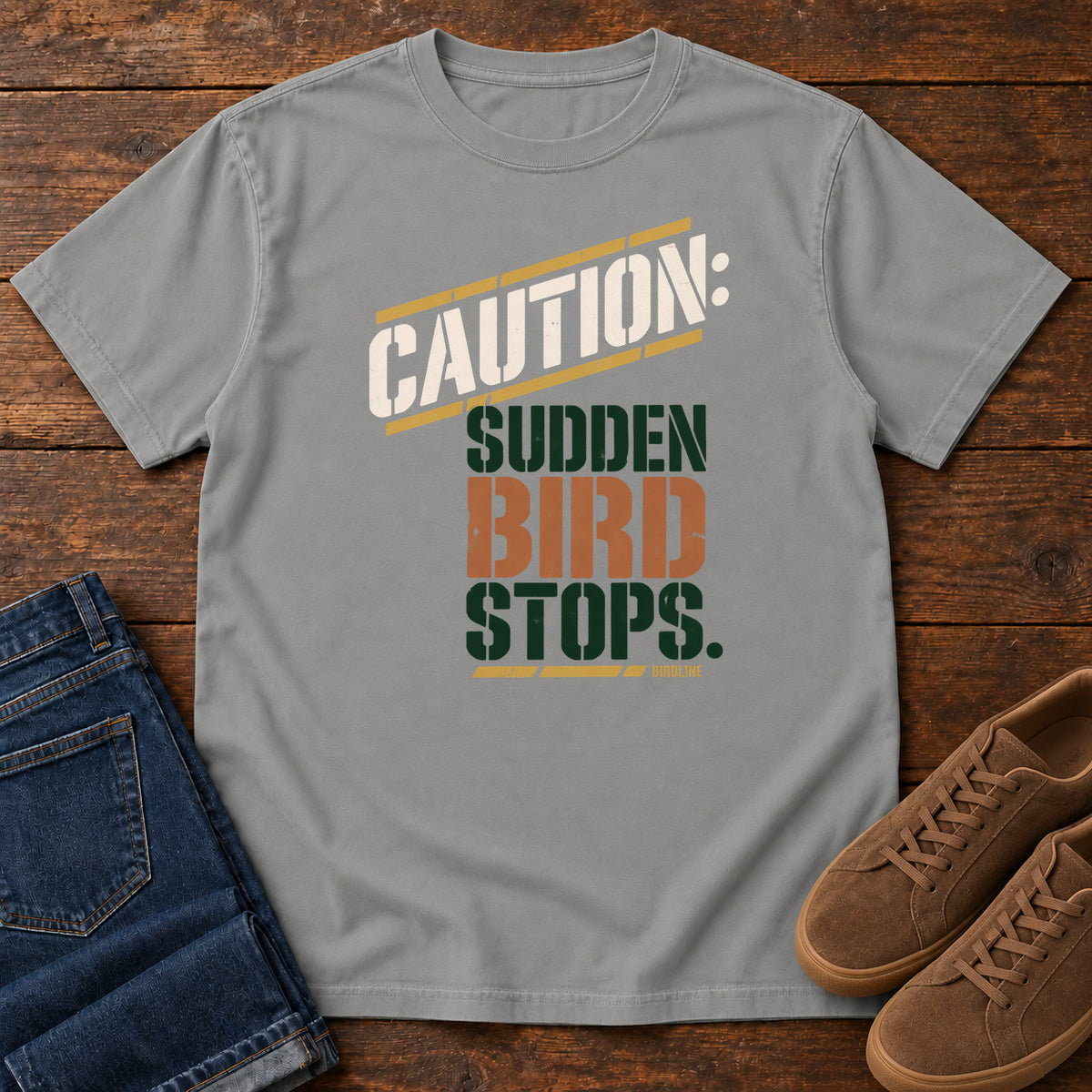 Caution Sudden Bird Stops T-Shirt in Grey