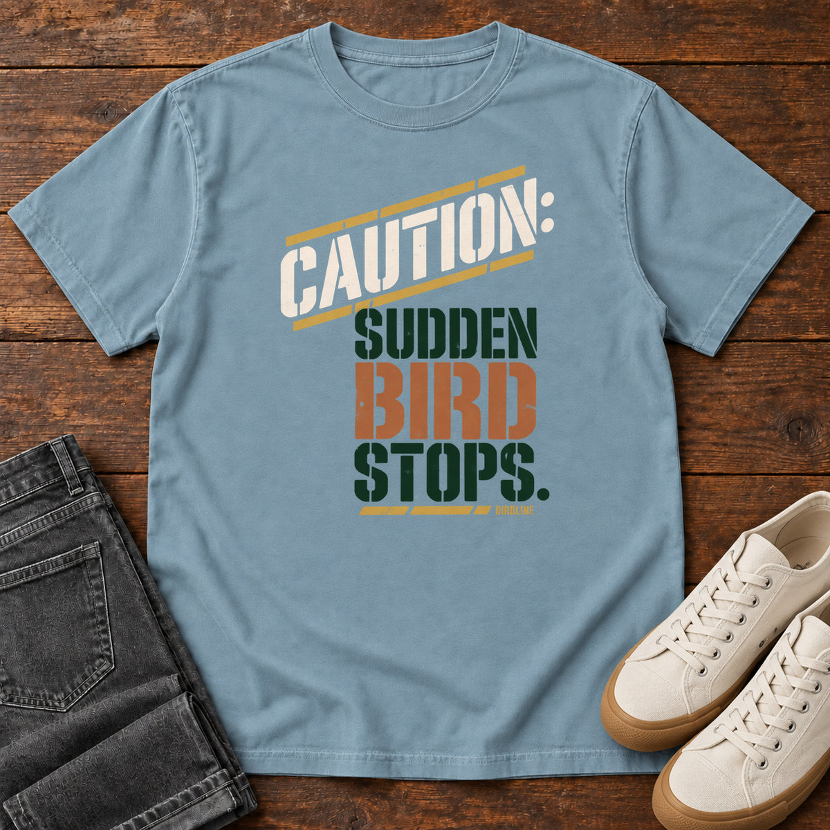 Caution Sudden Bird Stops T-Shirt in Ice Blue