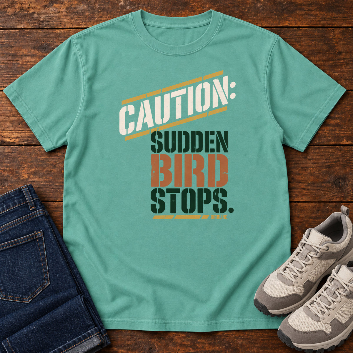 Caution Sudden Bird Stops T-Shirt in Seafoam