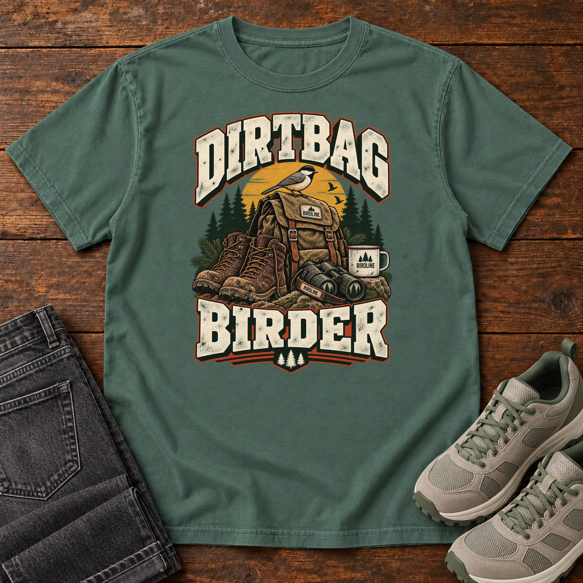 Blue Spruce Dirtbag Birder T-Shirt with hiking boots, a backpack, binoculars and a camping mug beneath cream lettering, front flat lay on wood.
