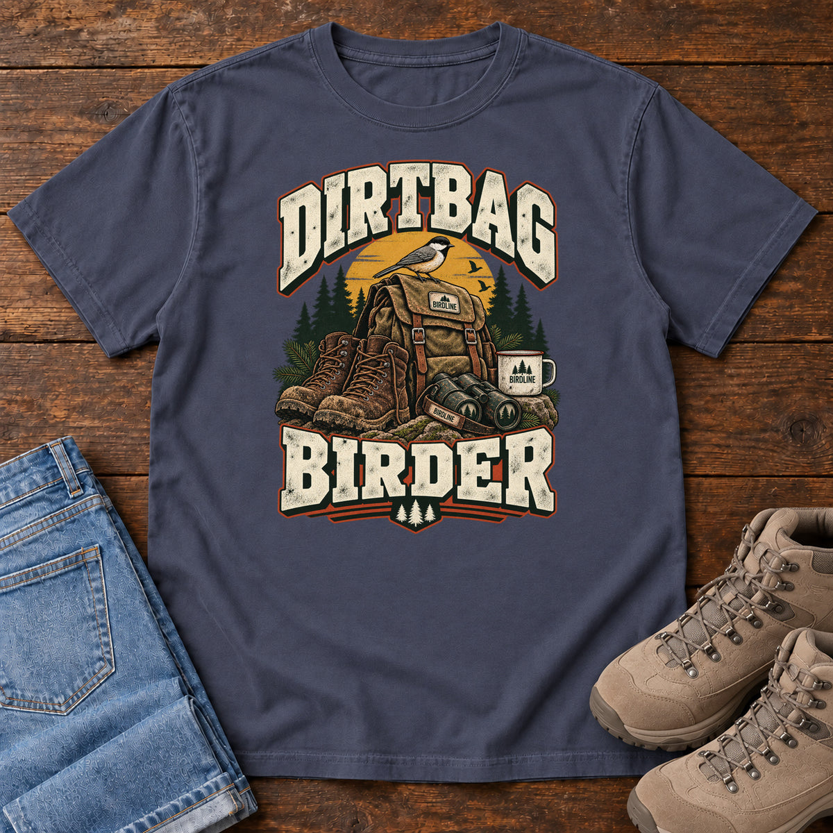 Navy Dirtbag Birder T-Shirt with hiking boots, a backpack, binoculars and a camping mug beneath cream lettering, front flat lay on wood.