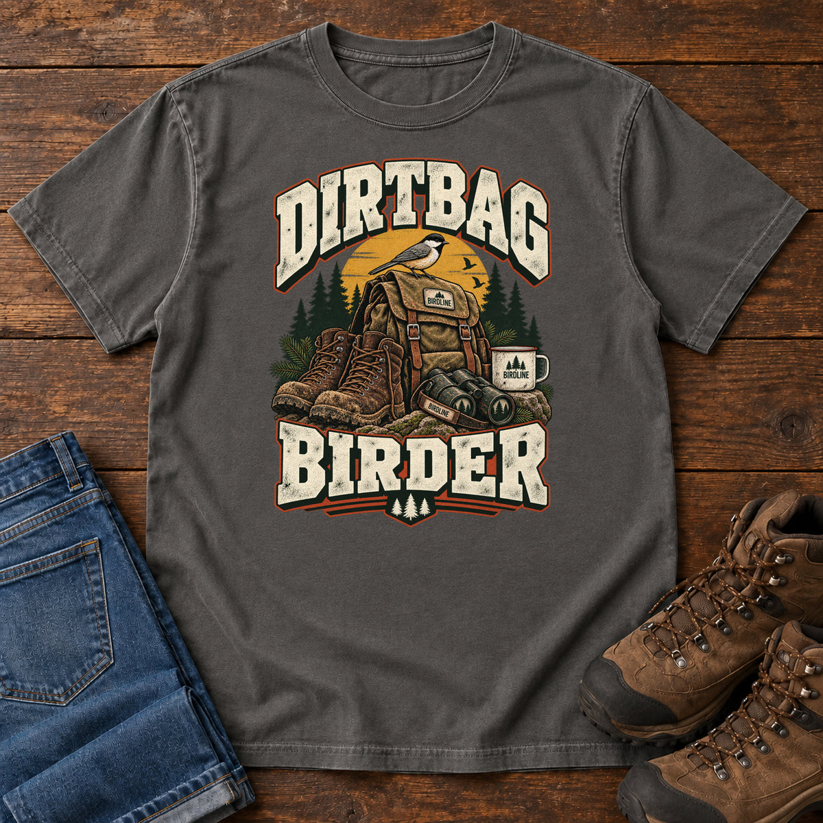 Pepper Dirtbag Birder T-Shirt with hiking boots, a backpack, binoculars and a camping mug beneath cream lettering, front flat lay on wood.
