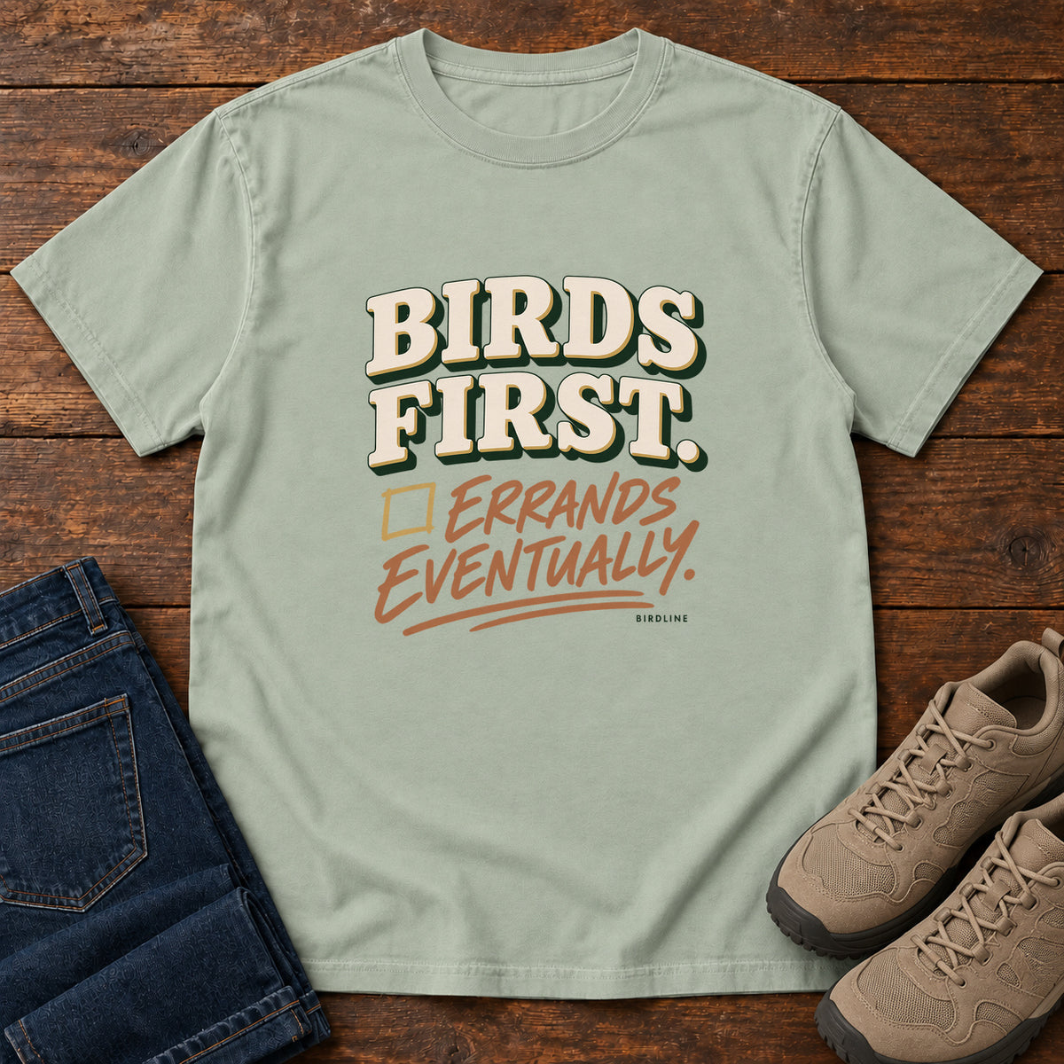 Birds First Errands Eventually T-Shirt in Bay