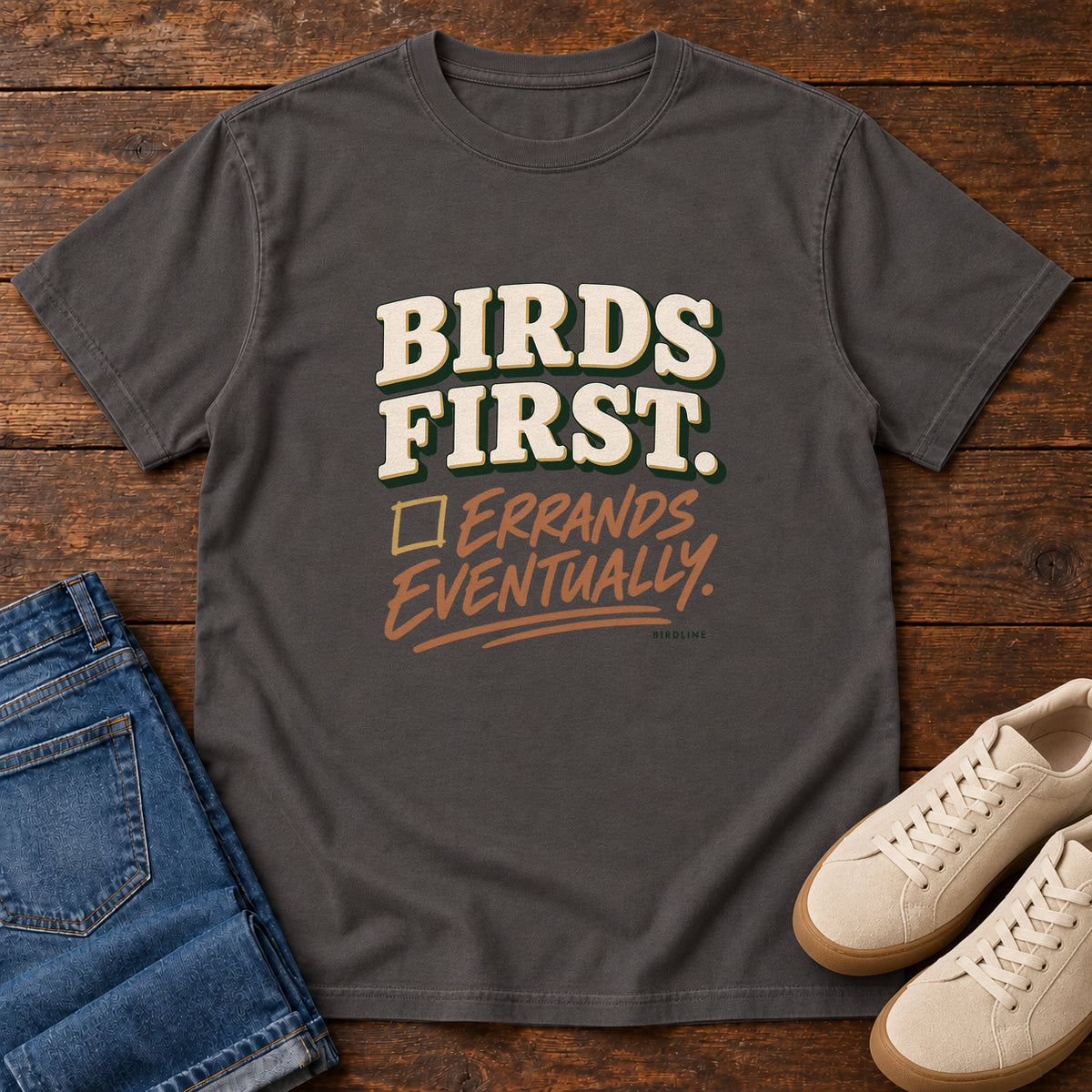 Birds First Errands Eventually T-Shirt in Graphite