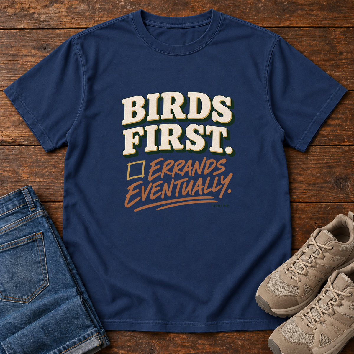 Birds First Errands Eventually T-Shirt in True Navy