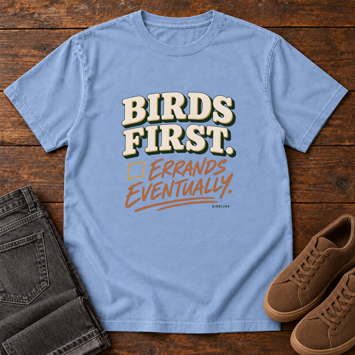 Birds First Errands Eventually T-Shirt in Washed Denim