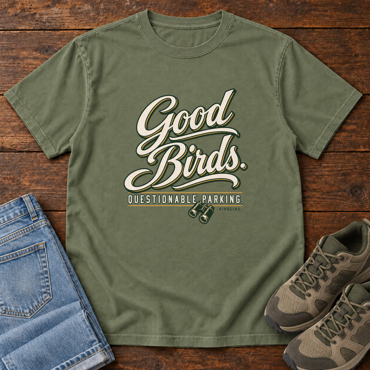 Good Birds Questionable Parking T-Shirt in Moss