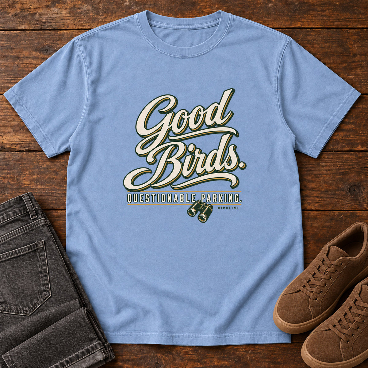 Good Birds Questionable Parking T-Shirt in Washed Denim
