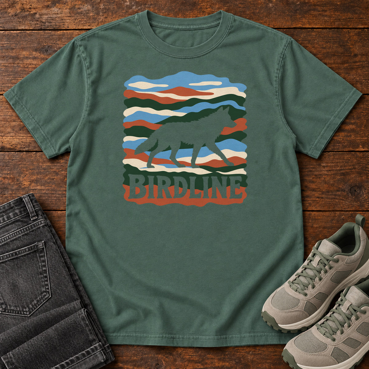 Blue Spruce Birdline Wolf Modern T-Shirt with a wolf silhouette over wavy multicolor stripes and Birdline lettering, front flat lay on wood.