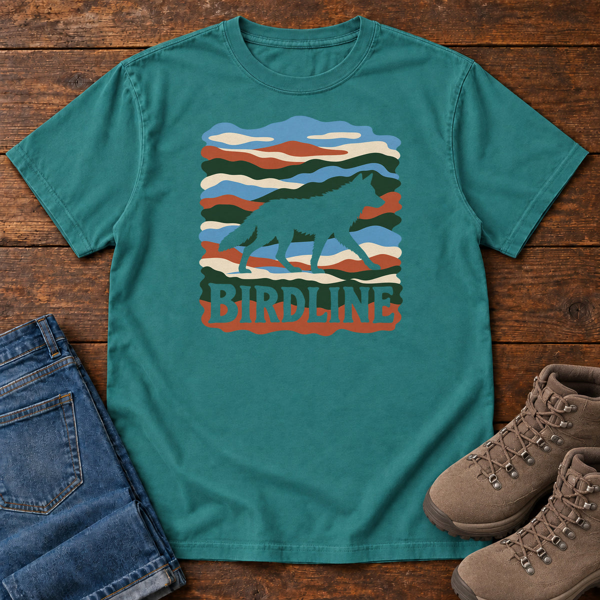 Emerald Birdline Wolf Modern T-Shirt with a wolf silhouette over wavy multicolor stripes and Birdline lettering, front flat lay on wood.