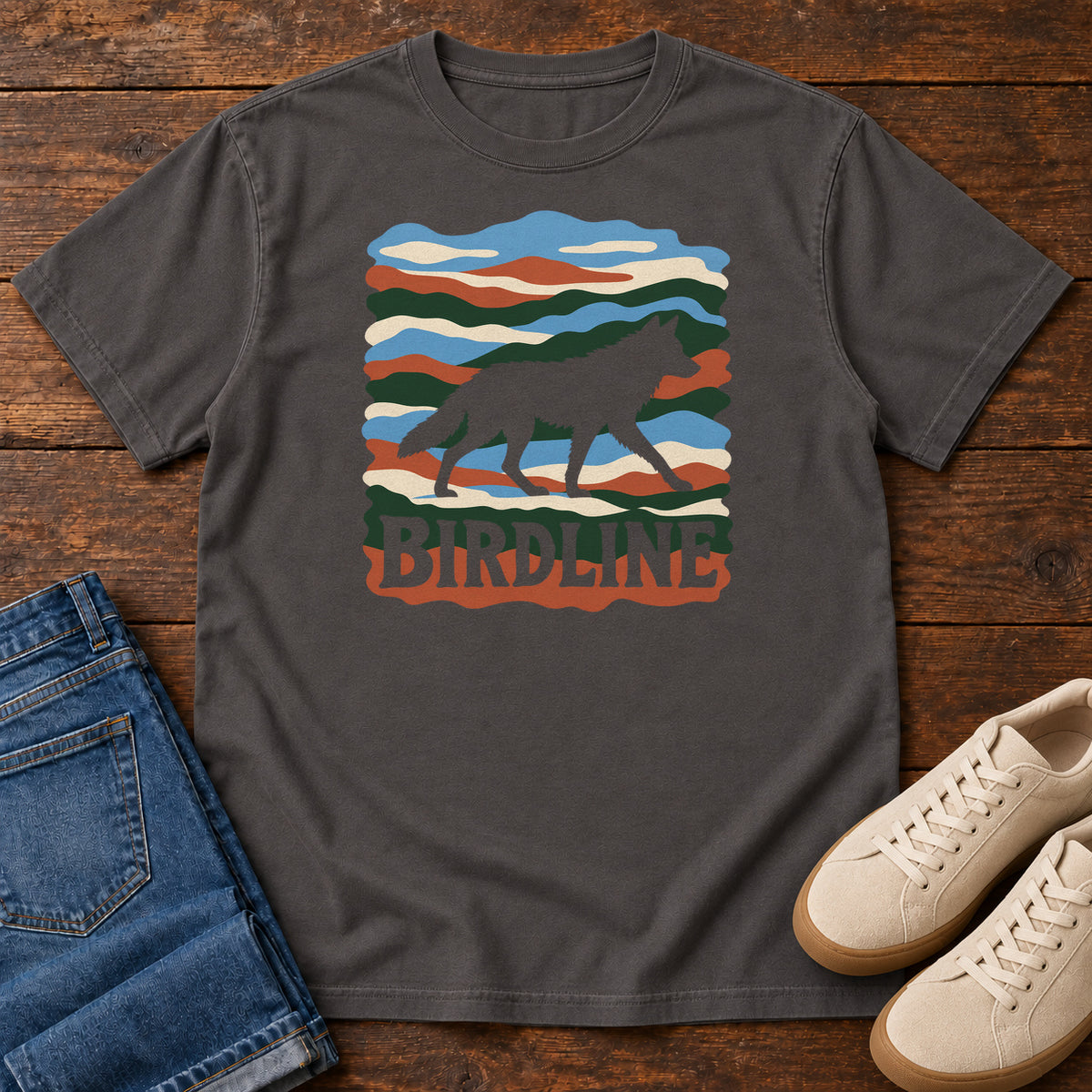 Graphite Birdline Wolf Modern T-Shirt with a wolf silhouette over wavy multicolor stripes and Birdline lettering, front flat lay on wood.