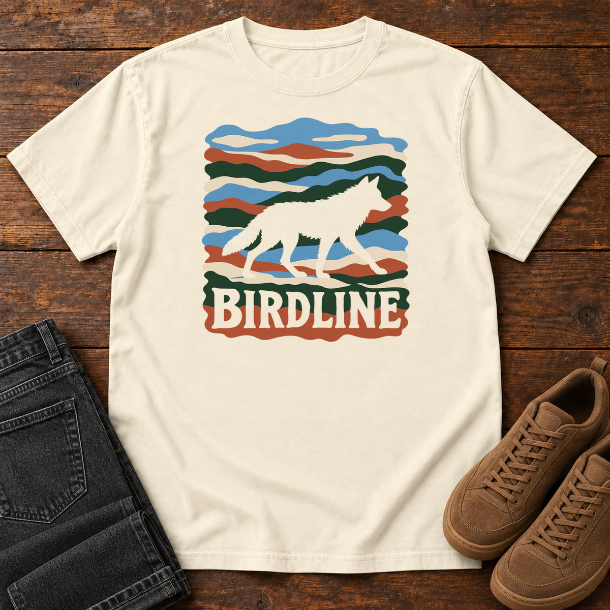 Ivory Birdline Wolf Modern T-Shirt with a wolf silhouette over wavy multicolor stripes and Birdline lettering, front flat lay on wood.