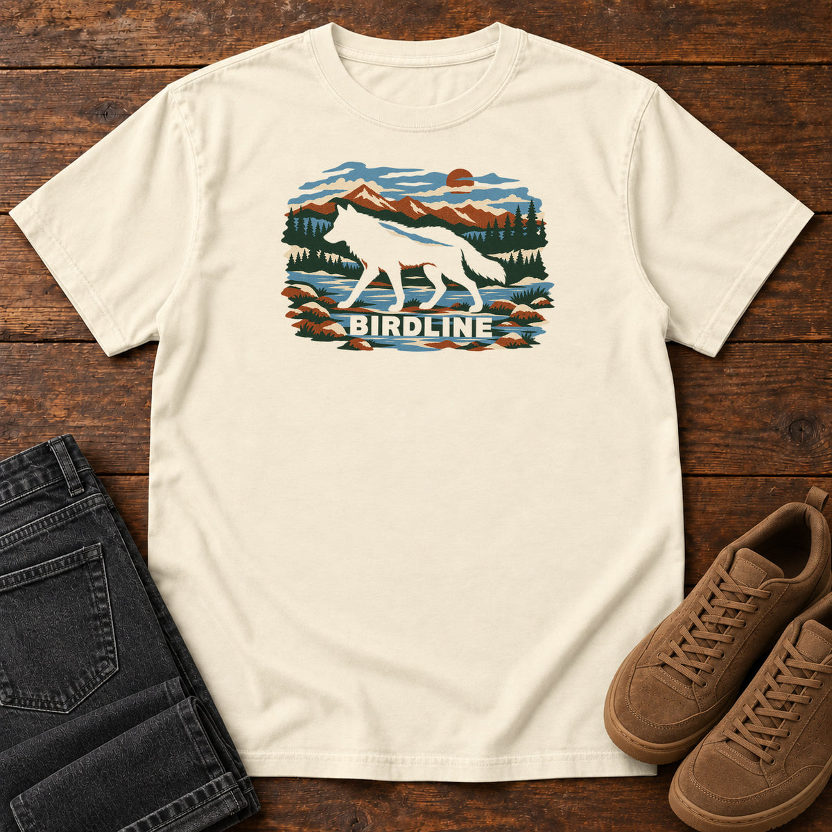 Ivory Birdline Wolf Mountain T-Shirt with a wolf silhouette in a mountain, forest and river scene with Birdline lettering, front flat lay on wood.