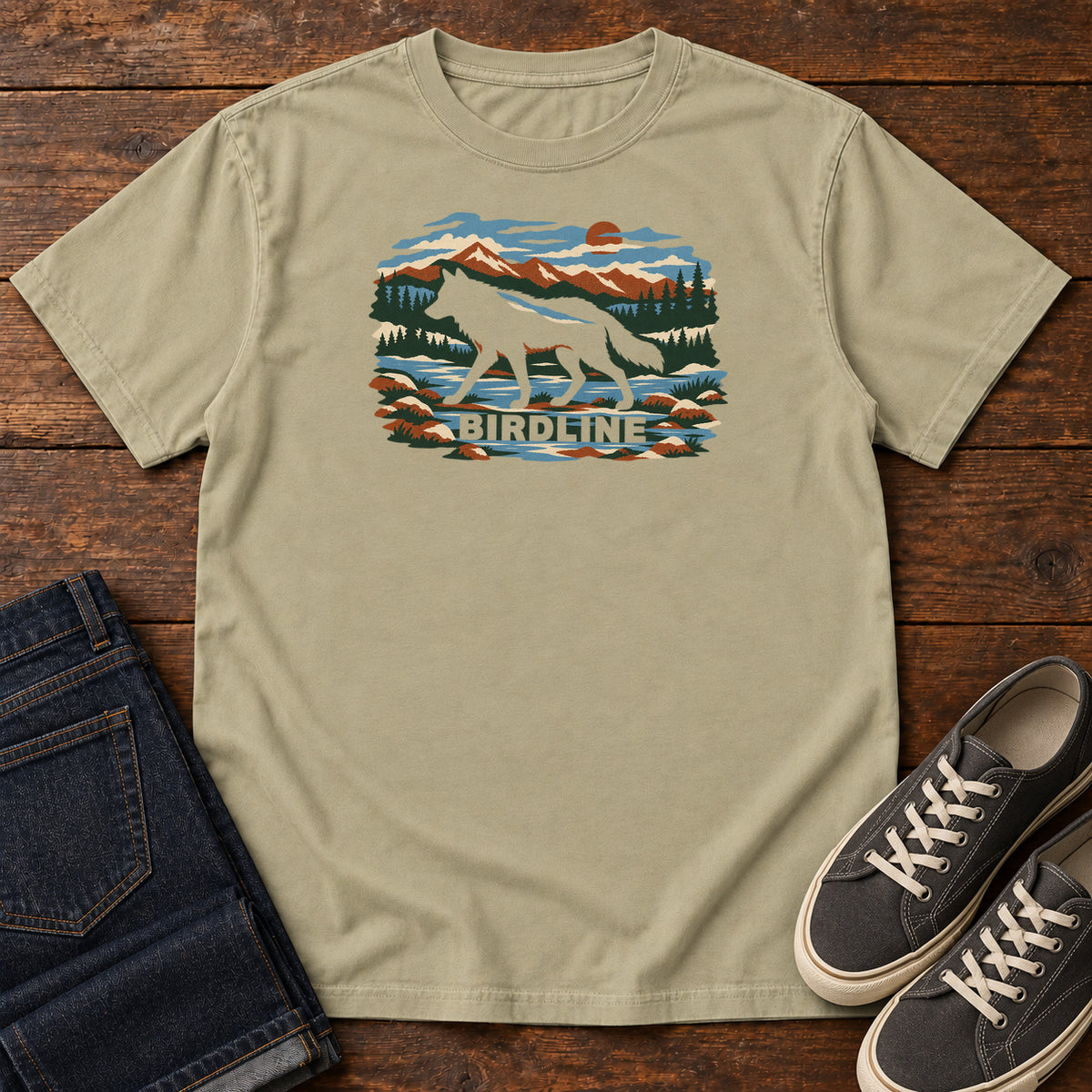 Khaki Birdline Wolf Mountain T-Shirt with a wolf silhouette in a mountain, forest and river scene with Birdline lettering, front flat lay on wood.