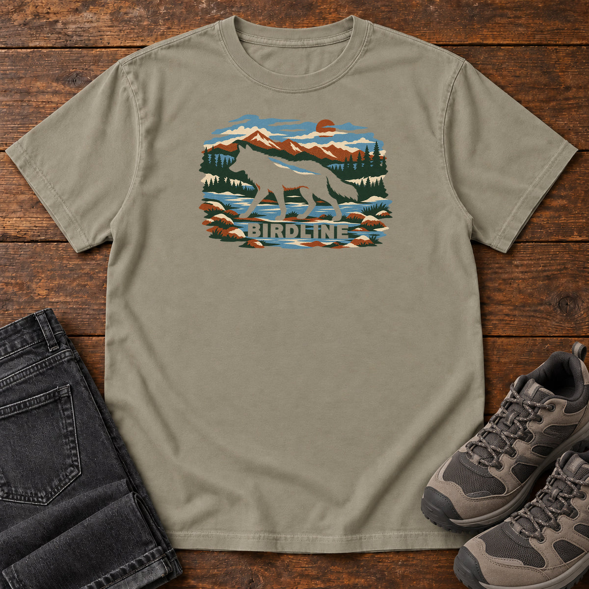 Sandstone Birdline Wolf Mountain T-Shirt with a wolf silhouette in a mountain, forest and river scene with Birdline lettering, front flat lay on wood.