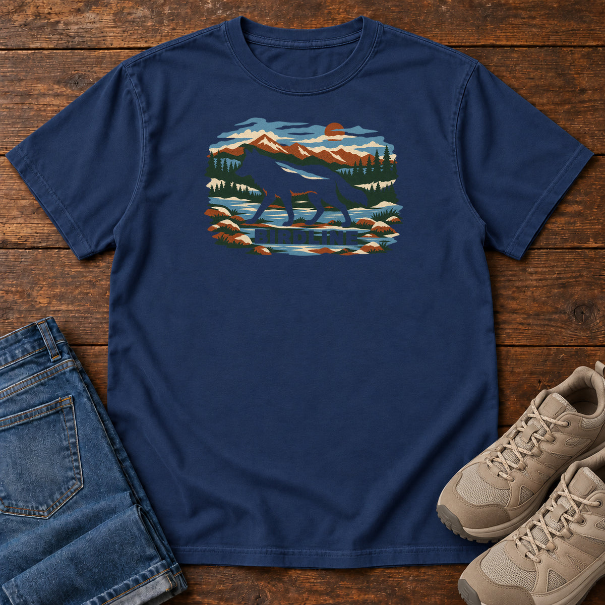 True Navy Birdline Wolf Mountain T-Shirt with a wolf silhouette in a mountain, forest and river scene with Birdline lettering, front flat lay on wood.