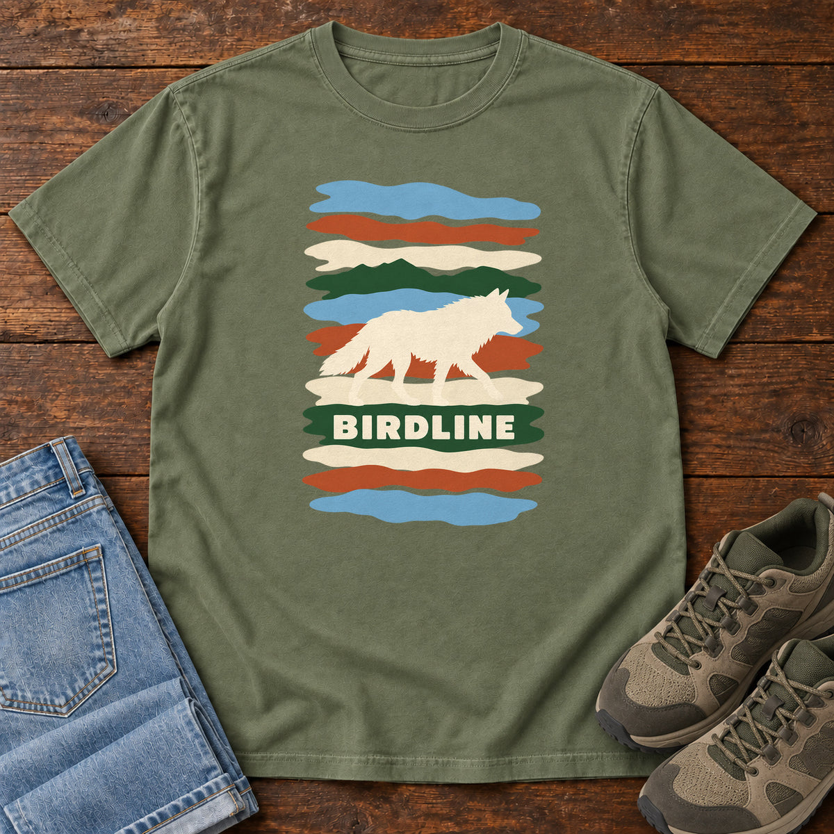 Moss Birdline White Wolf Stripes T-Shirt with a cream wolf silhouette over colorful wavy stripes and Birdline lettering; front flat lay on wood.