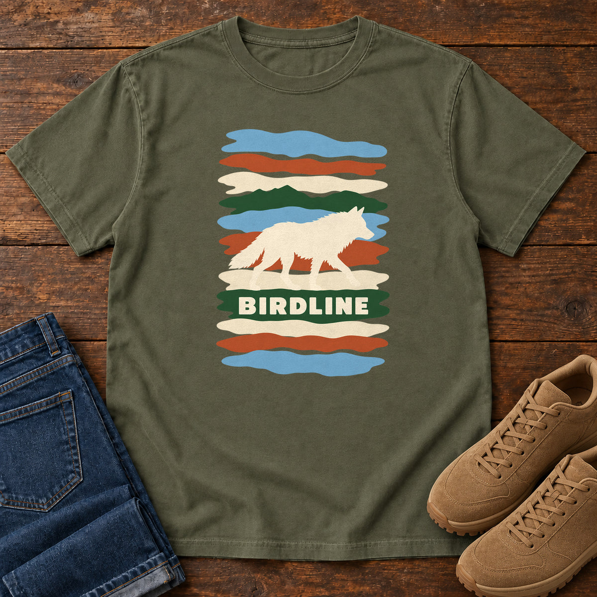 Sage Birdline White Wolf Stripes T-Shirt with a cream wolf silhouette over colorful wavy stripes and Birdline lettering; front flat lay on wood.