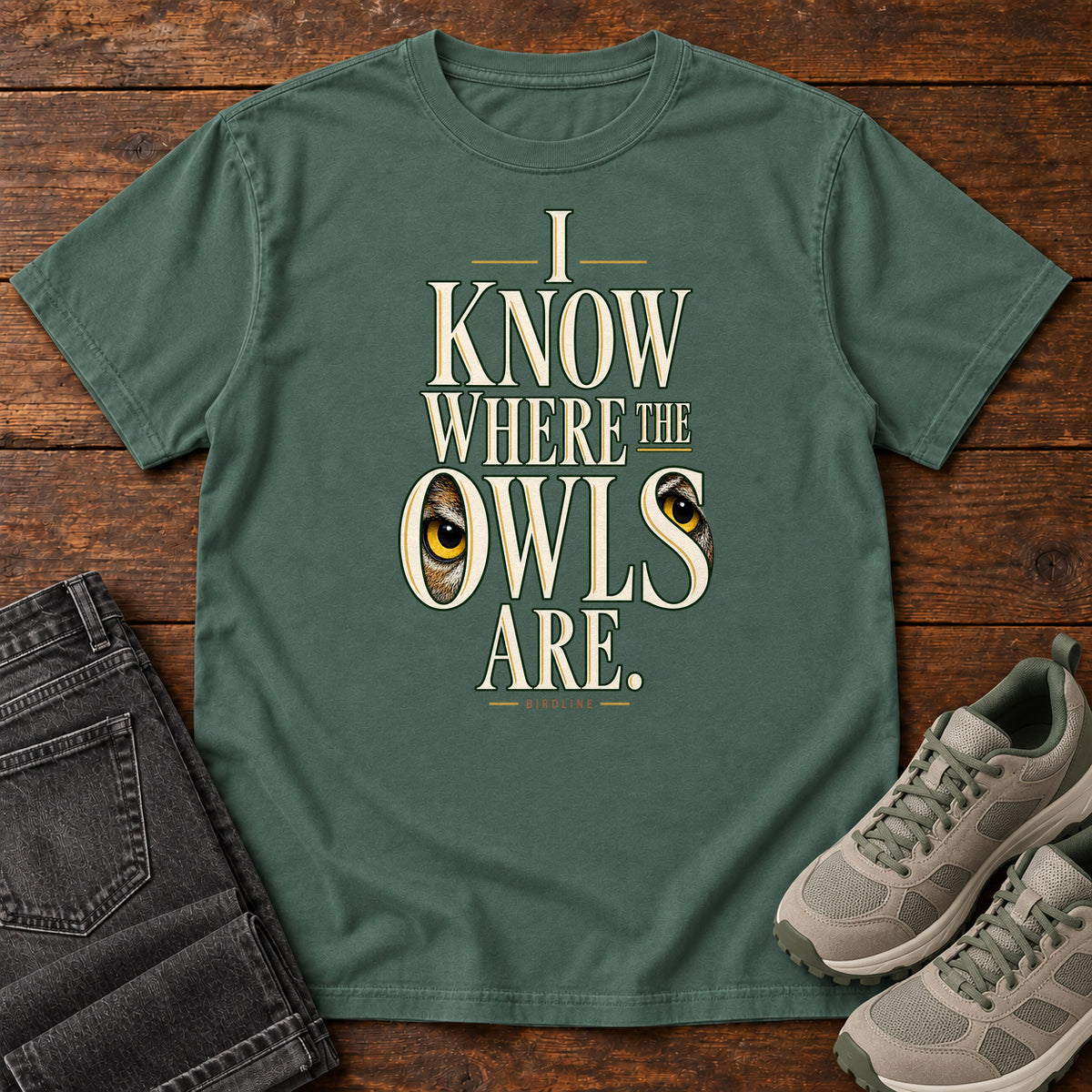 I Know Where the Owls Are T-Shirt in Blue Spruce