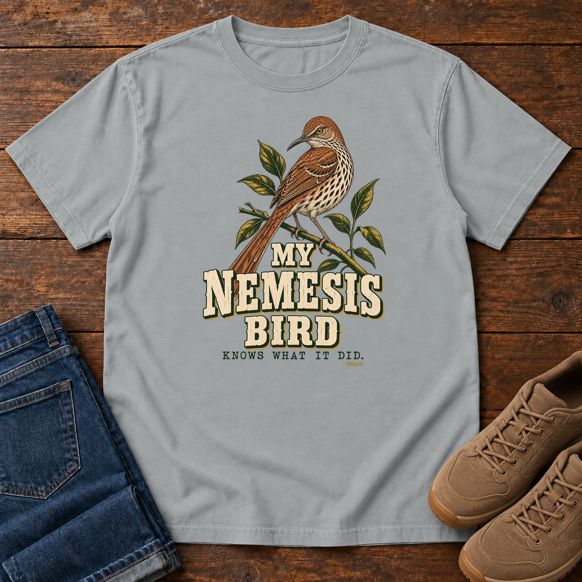 My Nemesis Bird Knows What It Did T-Shirt in Granite