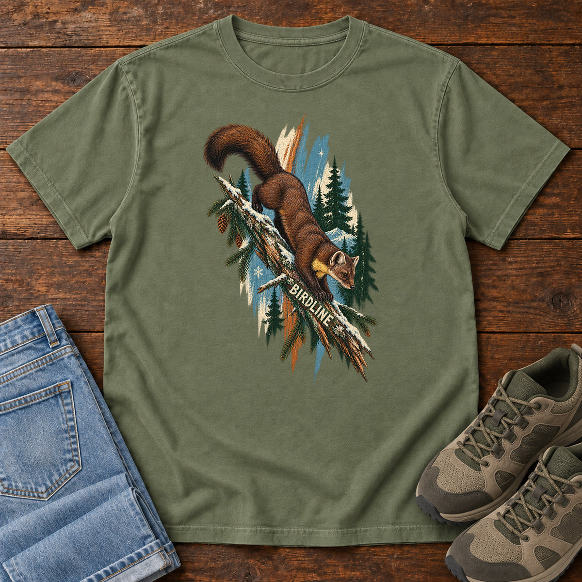 Birdline Squirrel Branch T-Shirt in Moss