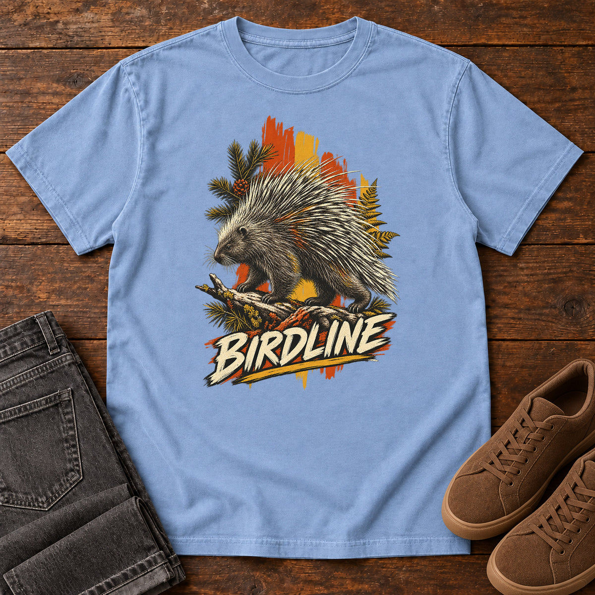 Birdline Porcupine Paint T-Shirt in Washed Denim