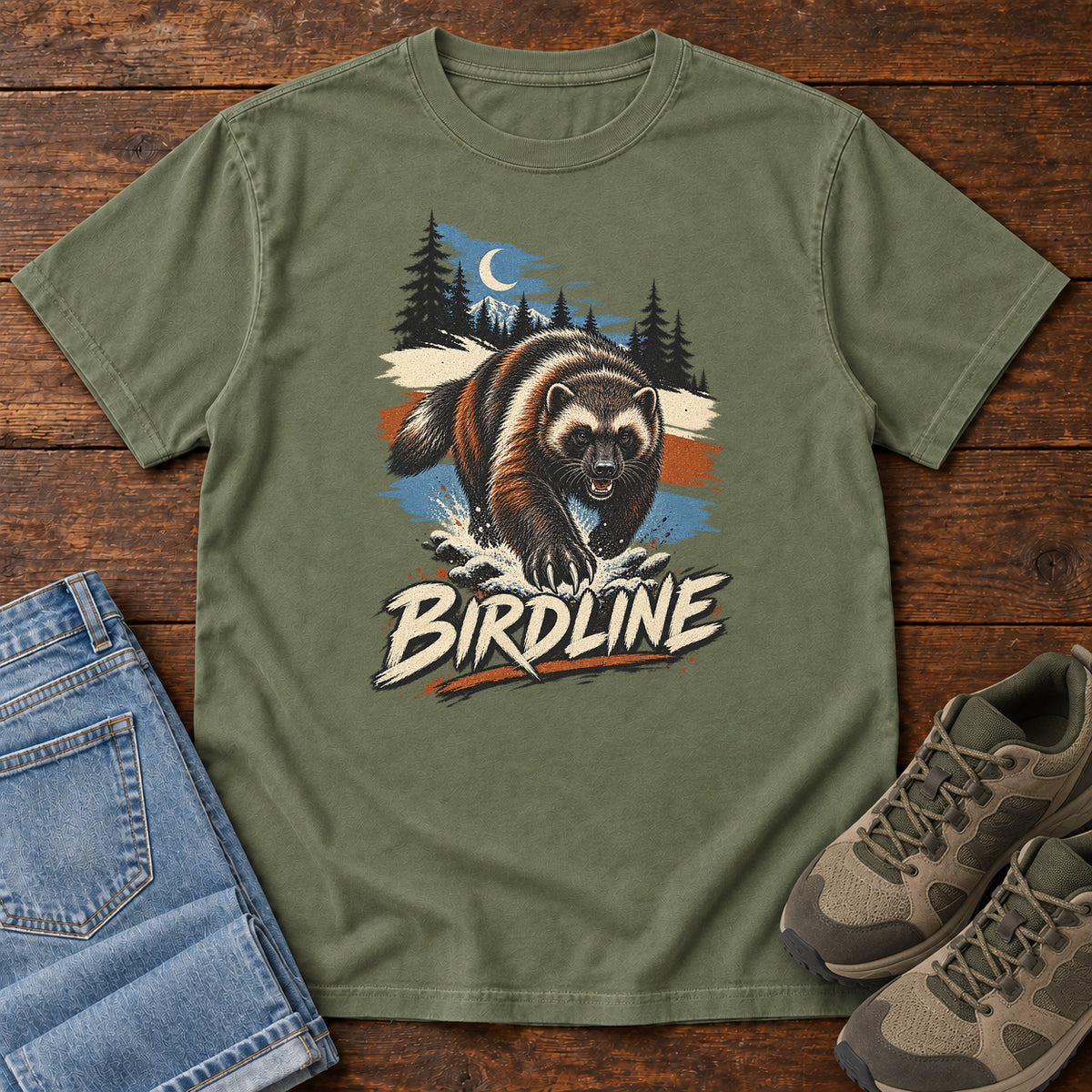 Birdline Wolverine Moon T-Shirt in Moss