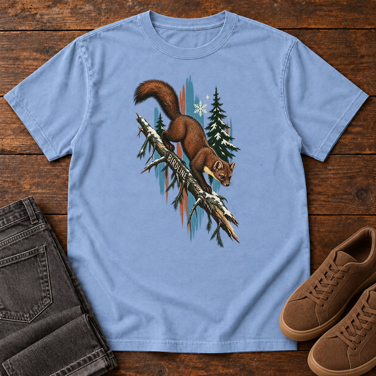 Birdline Squirrel Blue T-Shirt in Washed Denim